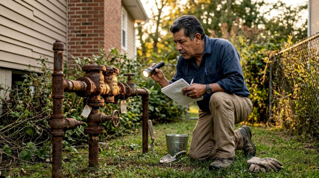 Man inspecting rusty outdoor backflow preventer