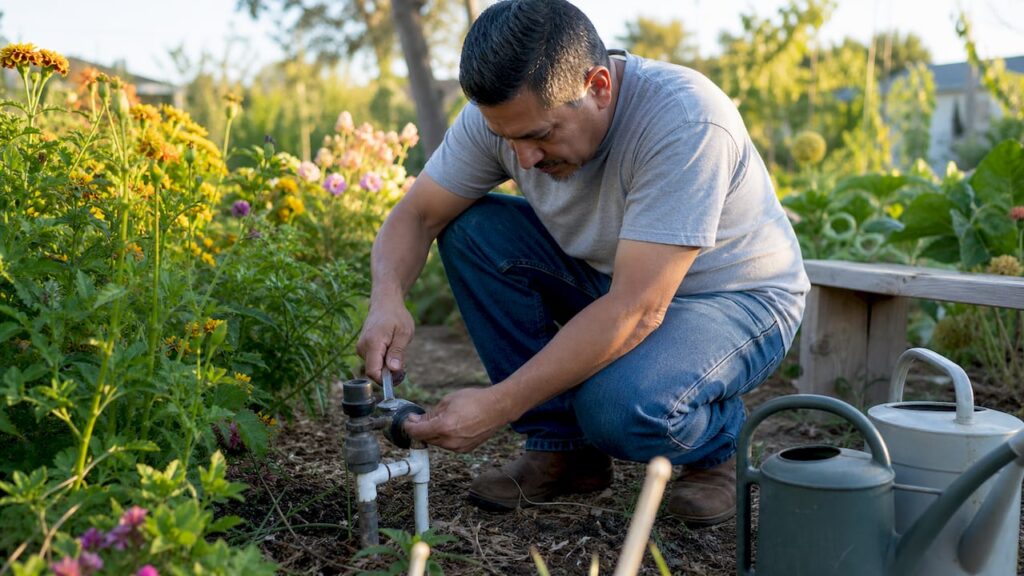Worker inspecting atmospheric vacuum breaker outdoors