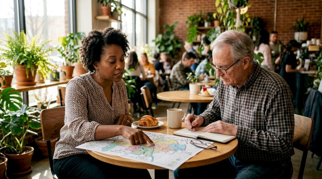 Two professionals comparing backflow services maps