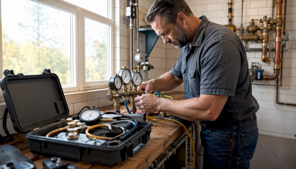 Technician performing professional backflow test