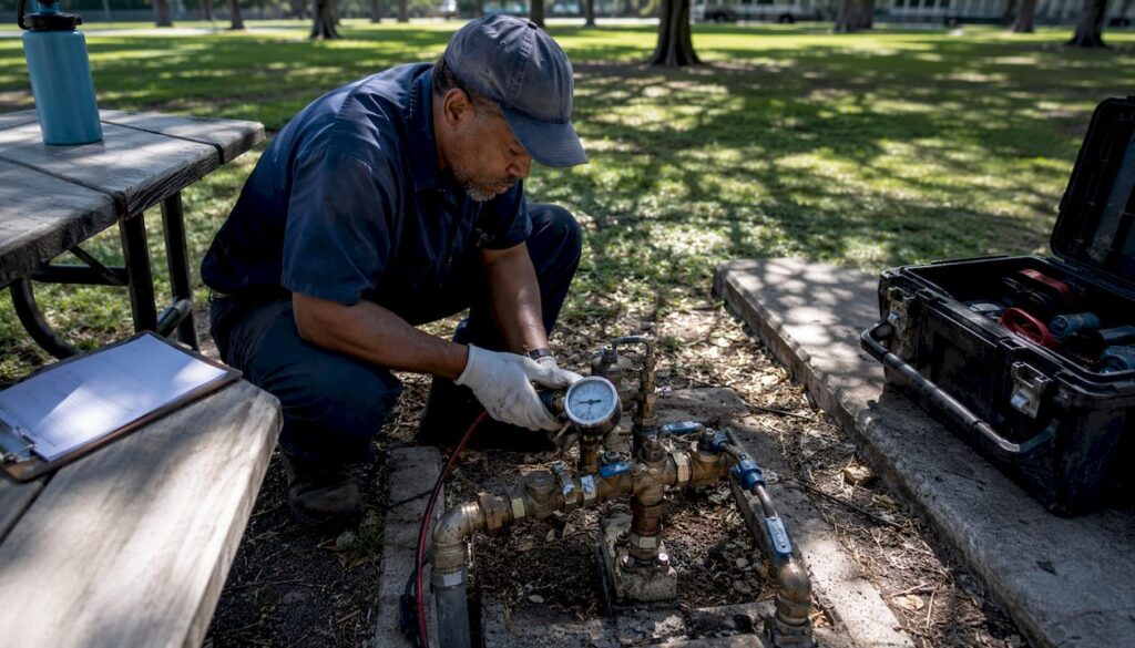 Technician inspecting backflow prevention device outdoors