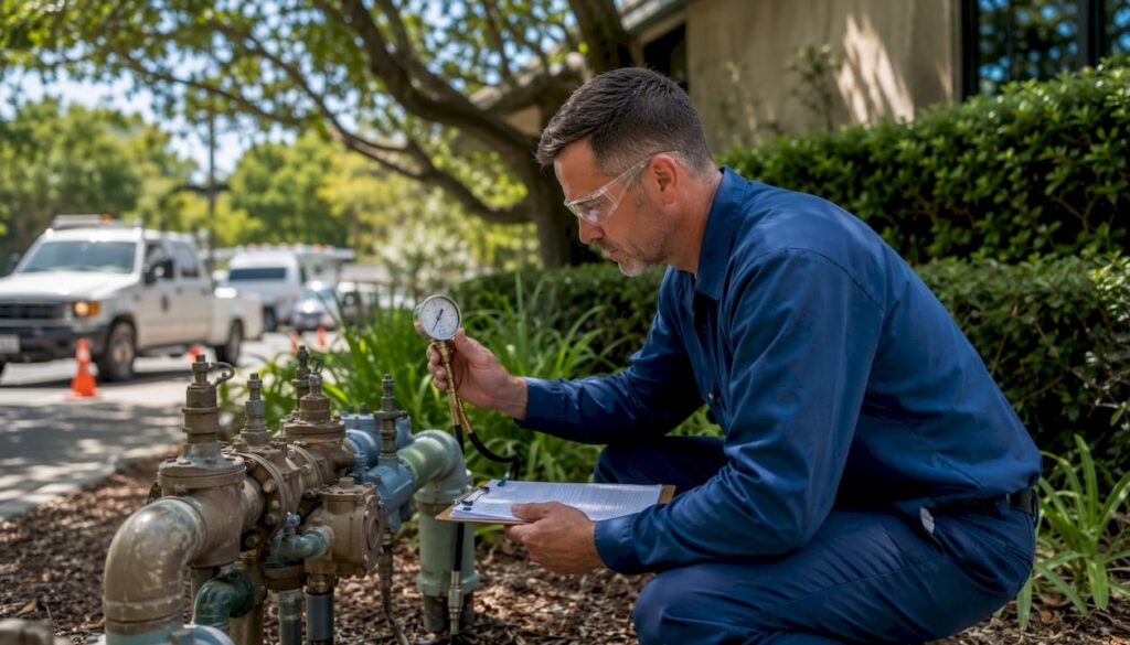 Backflow technician inspecting commercial system outdoors