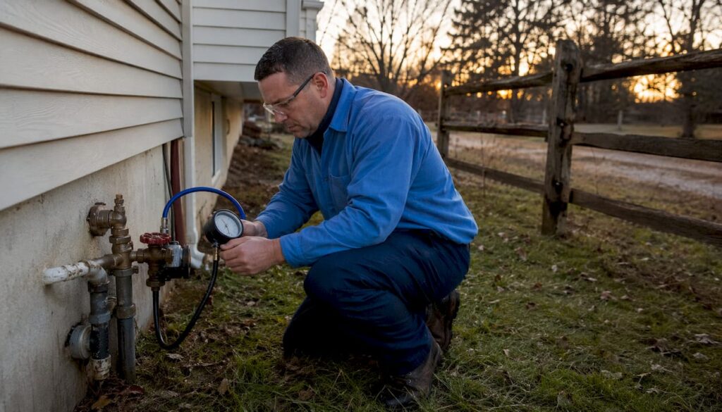 Technician inspecting backflow device outdoors