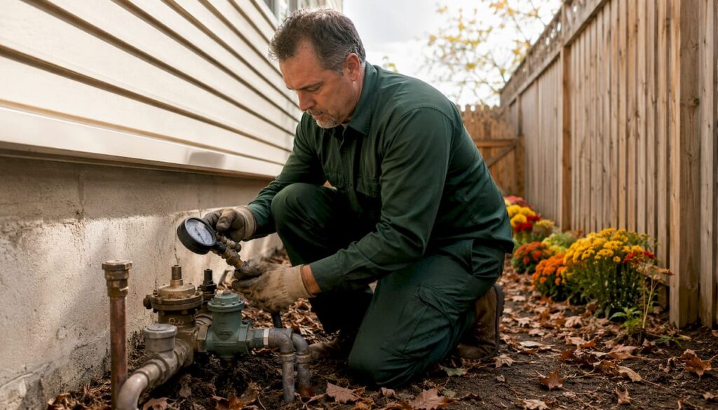 Technician testing backflow valve outdoors