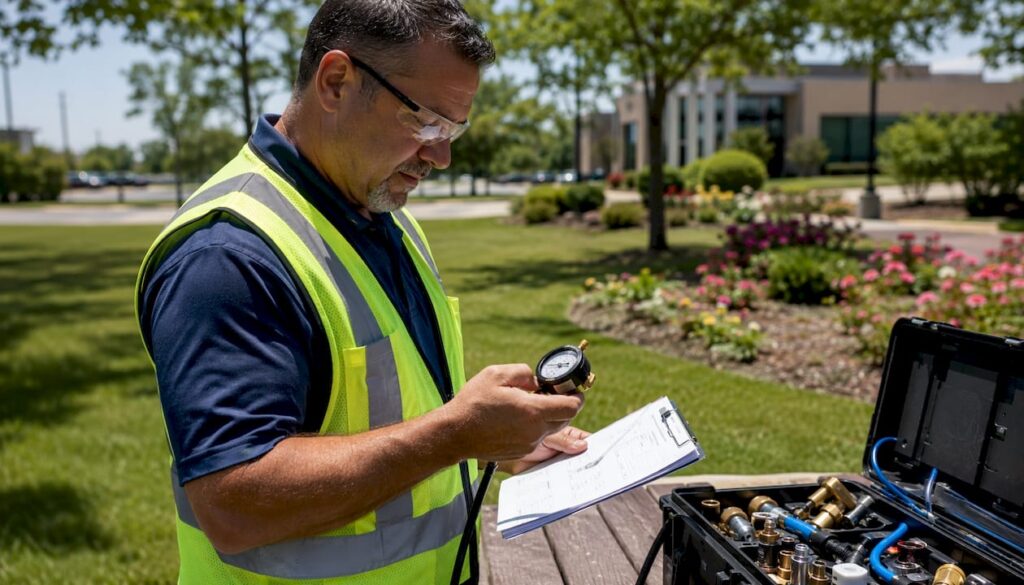 Backflow technician testing water system outdoors