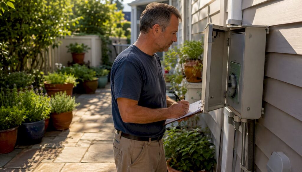 Man inspecting irrigation control on NJ property