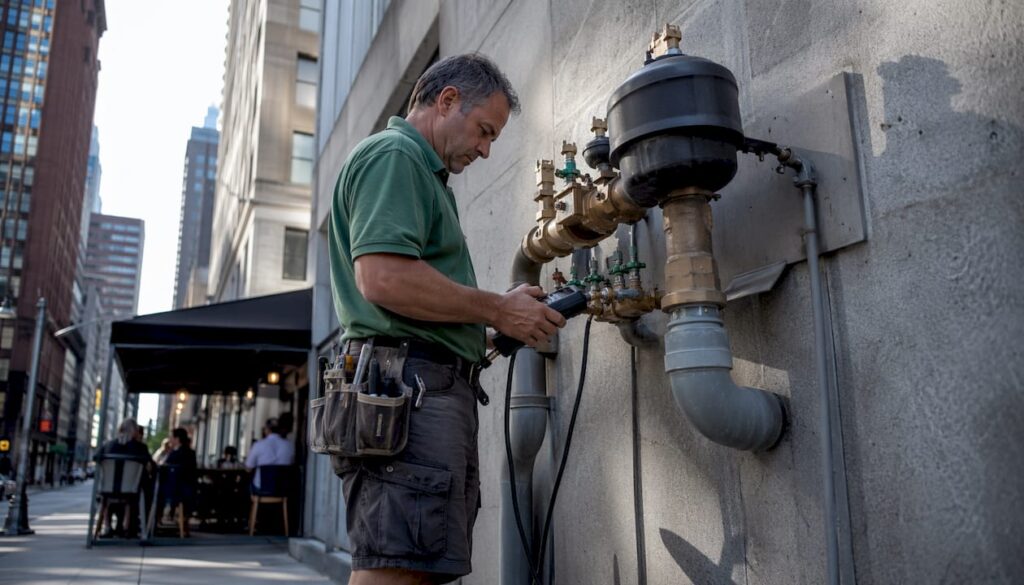 Certified tester calibrating RPZ backflow device outdoors