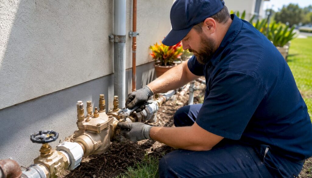Plumber installing RPZ valve outdoors