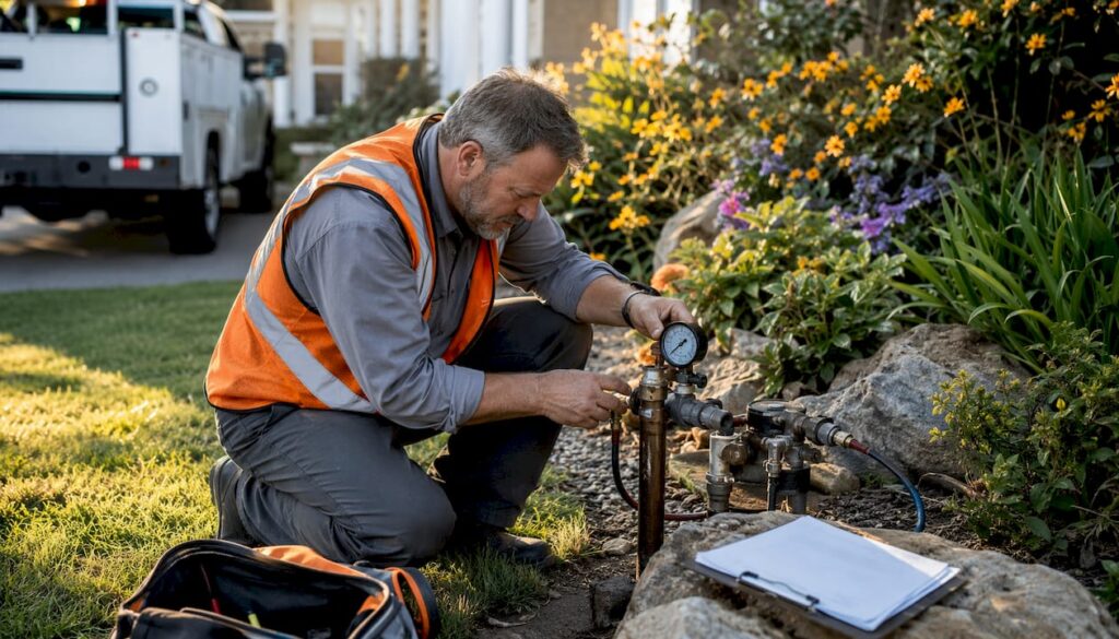 Certified backflow tester calibrating gauge outdoors