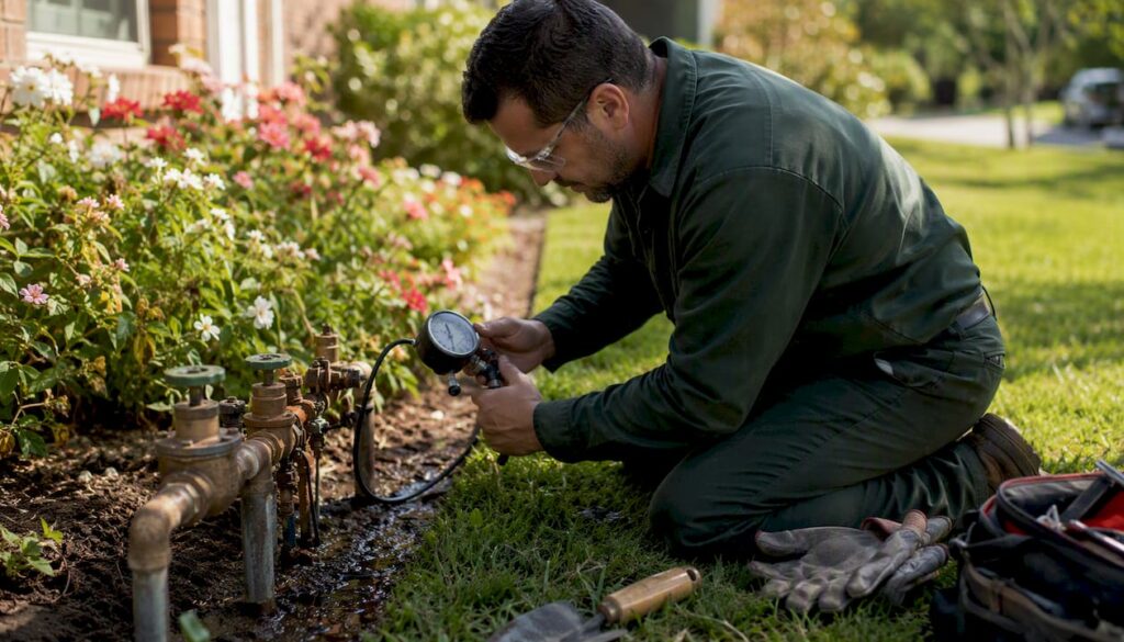 Technician testing backflow assembly outdoors