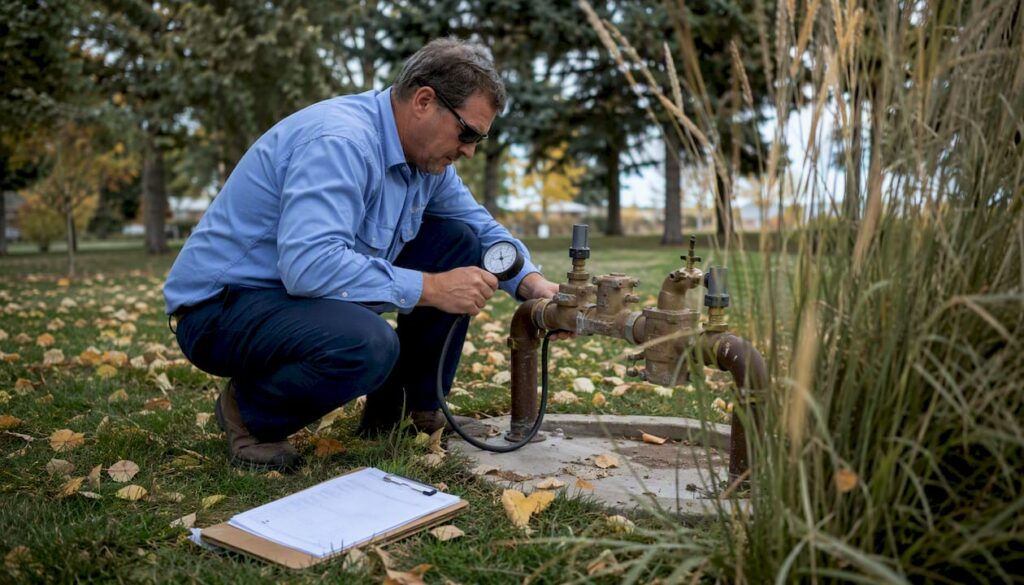 Technician inspecting backflow assembly outdoors