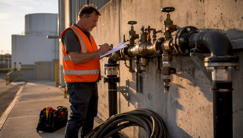 Plumber reviewing RPZ installation checklist onsite