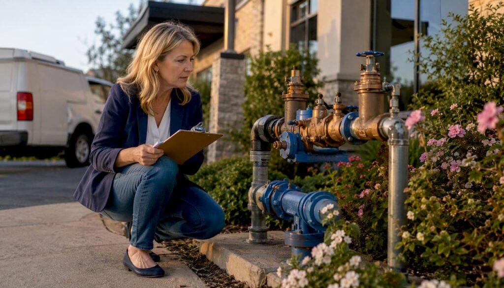 Property manager inspecting backflow prevention assembly
