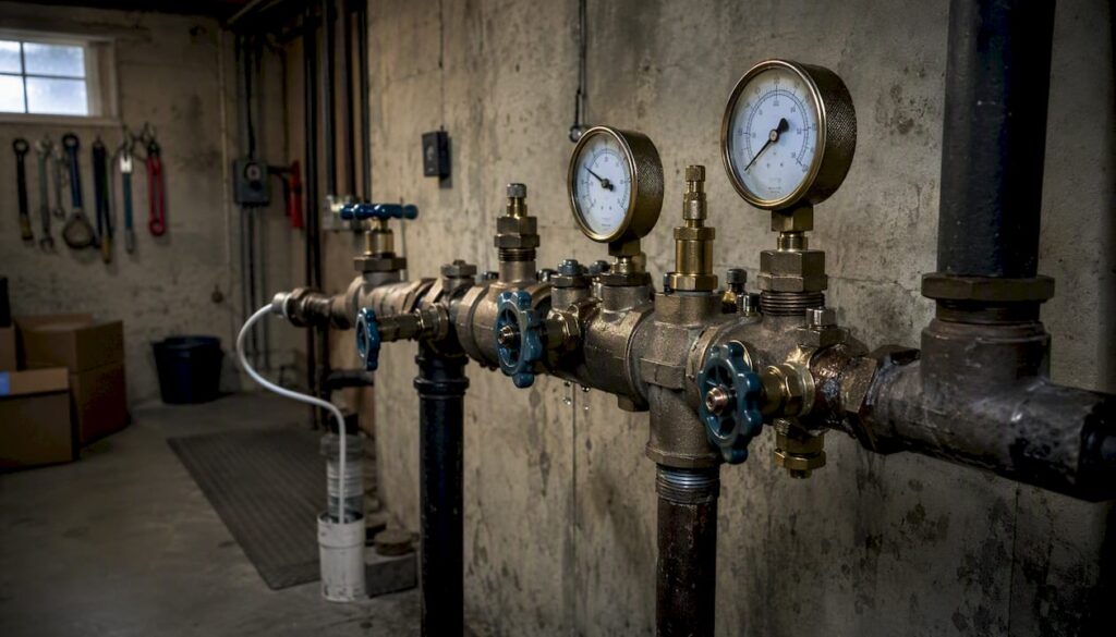 Backflow prevention device with gauges connected