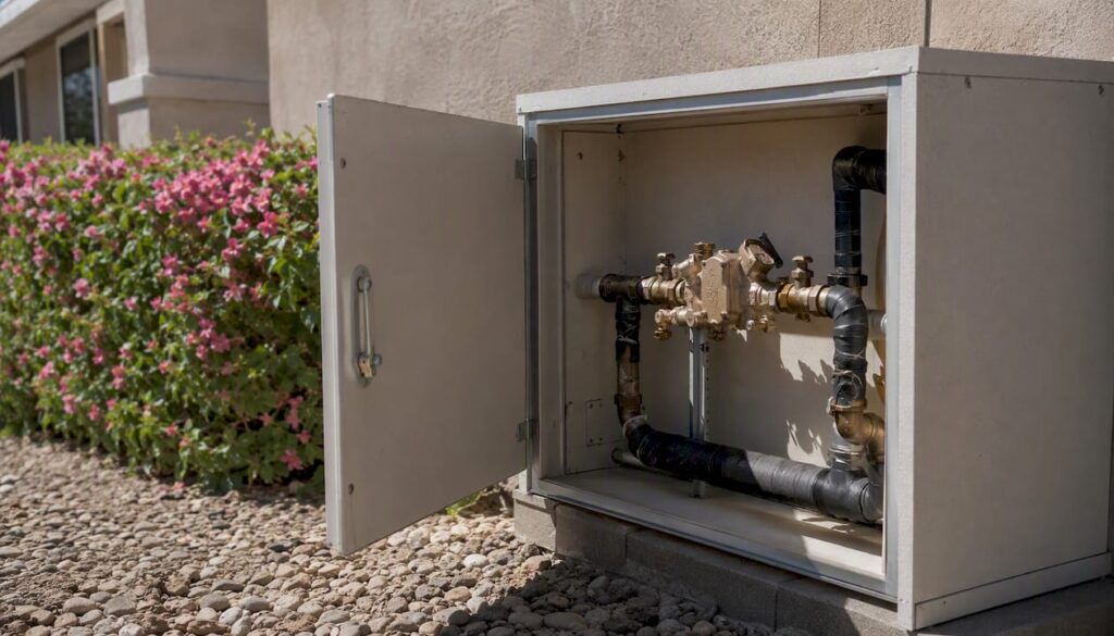 Backflow preventer inside insulated enclosure outdoors
