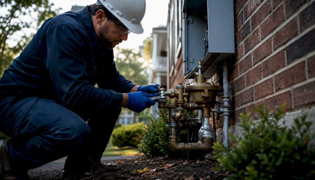 Technician adjusting backflow device outdoors