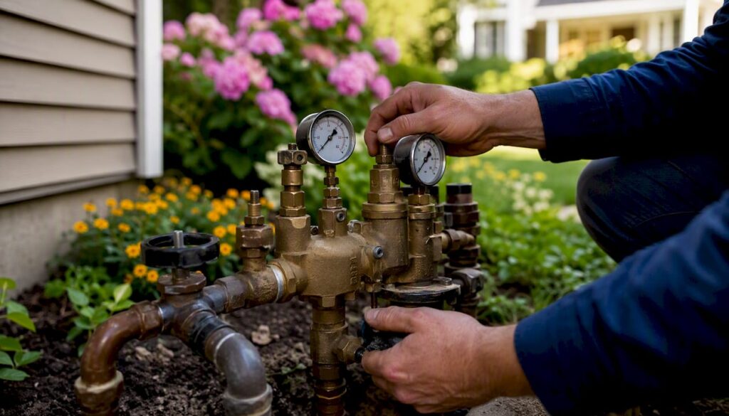 Hands adjusting outdoor backflow preventer valves