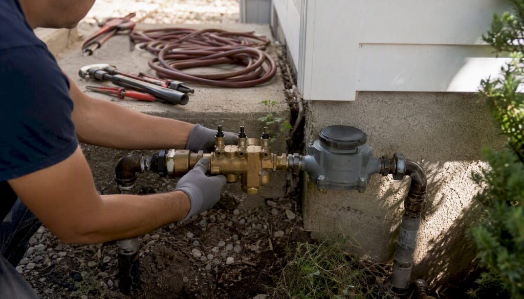 Plumber installing backflow preventer beside water meter