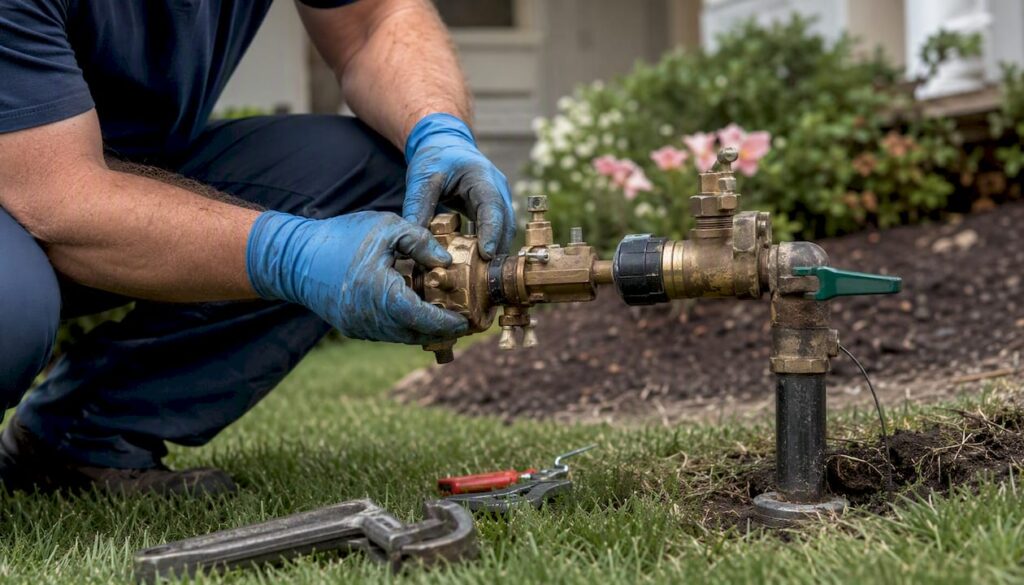 Technician hands upgrading backflow assembly