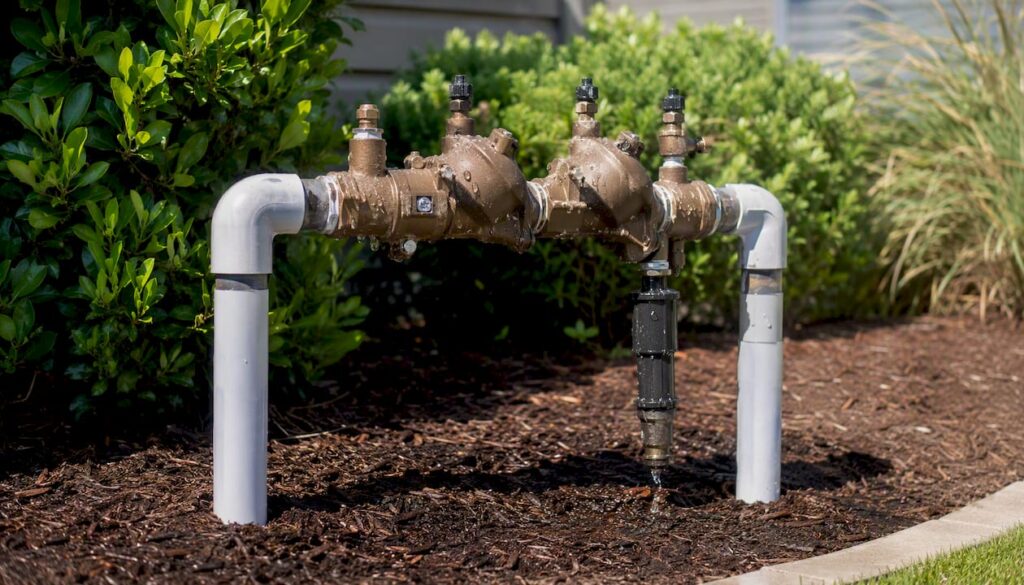 Outdoor sprinkler RPZ backflow device close-up