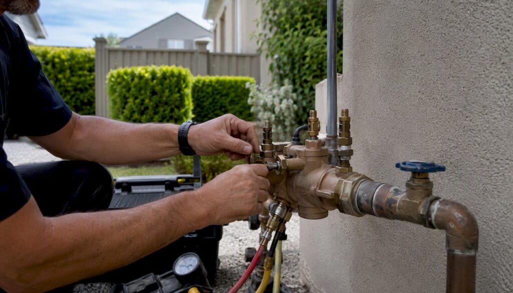 Hands manually testing backflow device outdoors