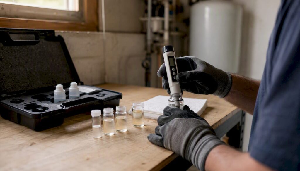 Hands testing water samples with digital meter