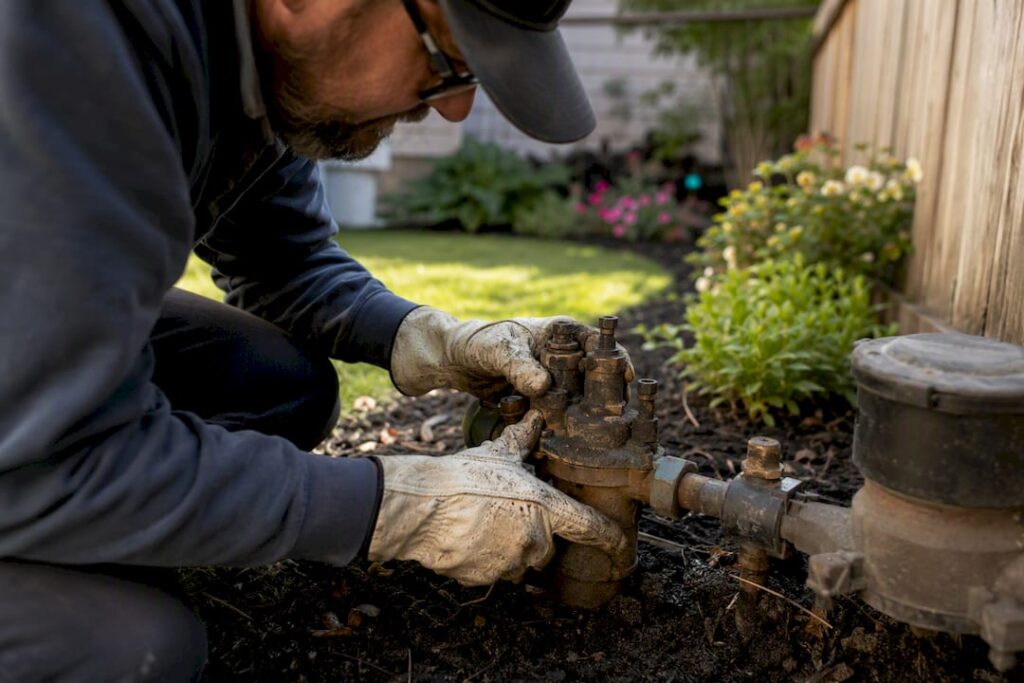 Technician inspecting backflow preventer outdoors