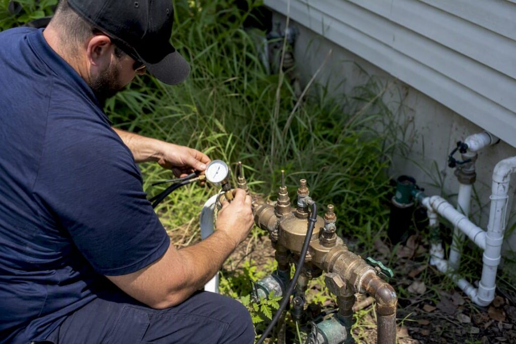 Technician hands testing backflow prevention device outdoors