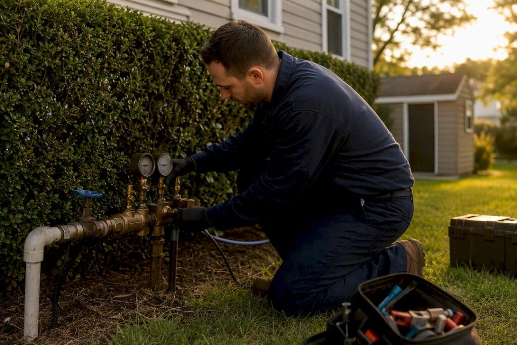 Technician hands testing backflow device outdoors