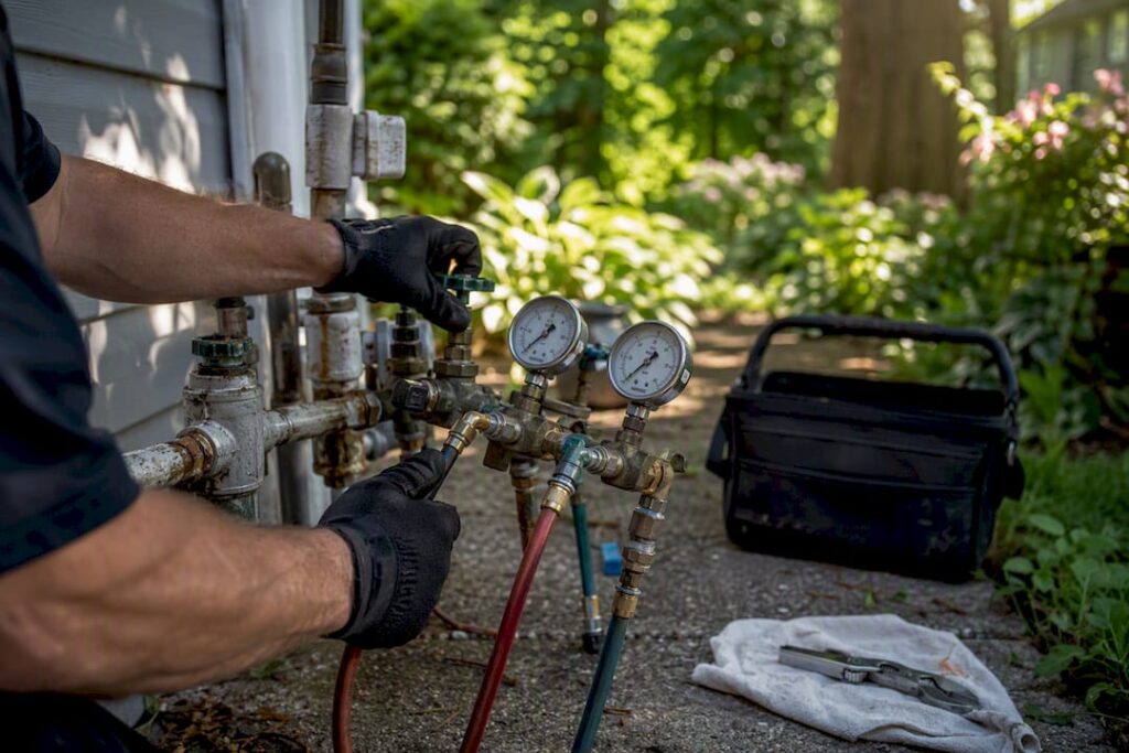 Technician hands testing outdoor backflow valve