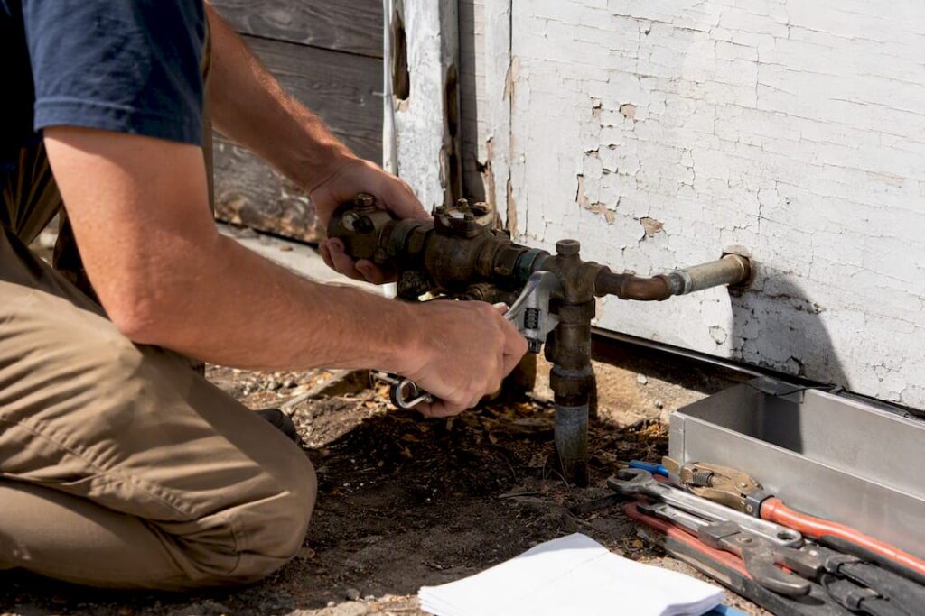 Plumber replacing backflow preventer valve