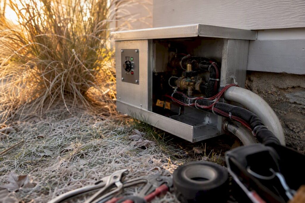 Heated backflow enclosure with heat cable outdoors