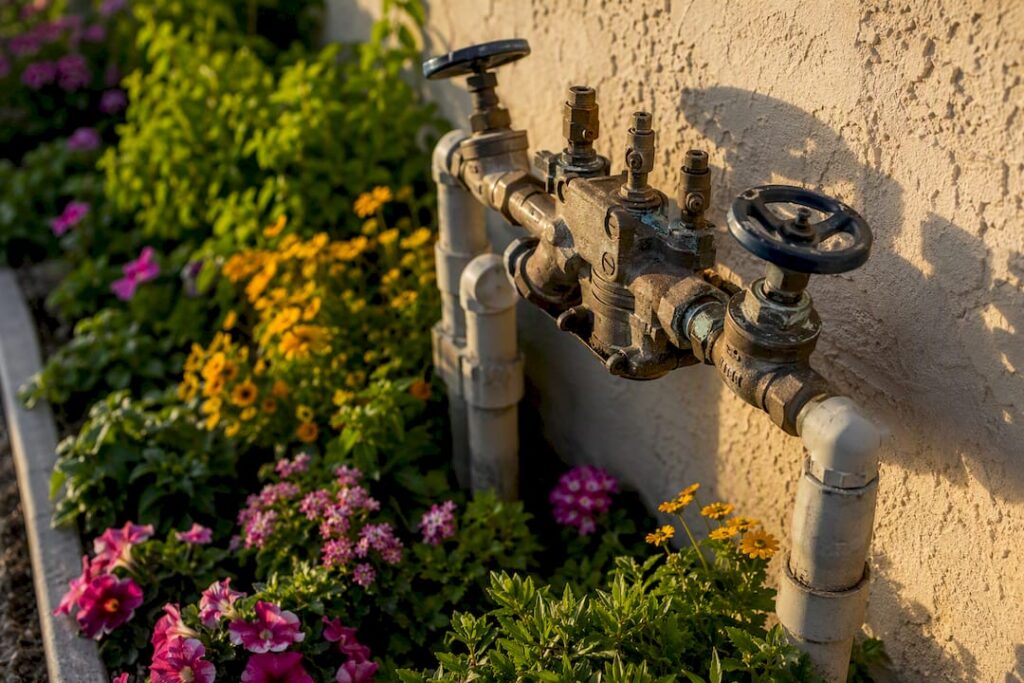Residential irrigation backflow device close-up outdoors