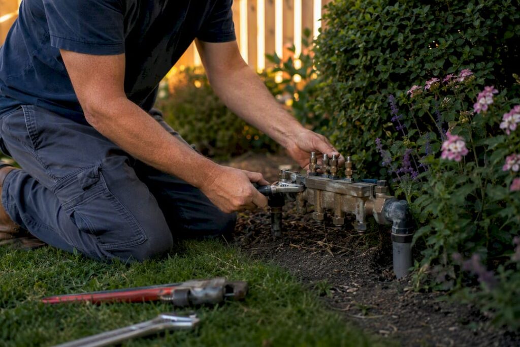 Plumber adjusting backflow preventer outdoors