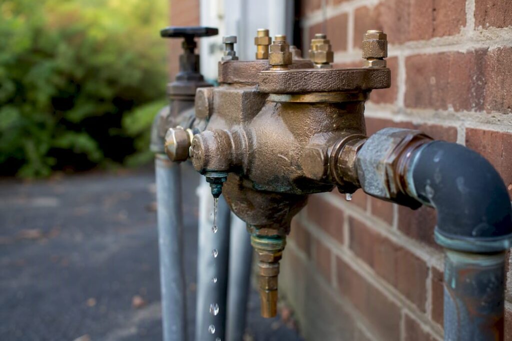 RPZ relief valve dripping water side close-up