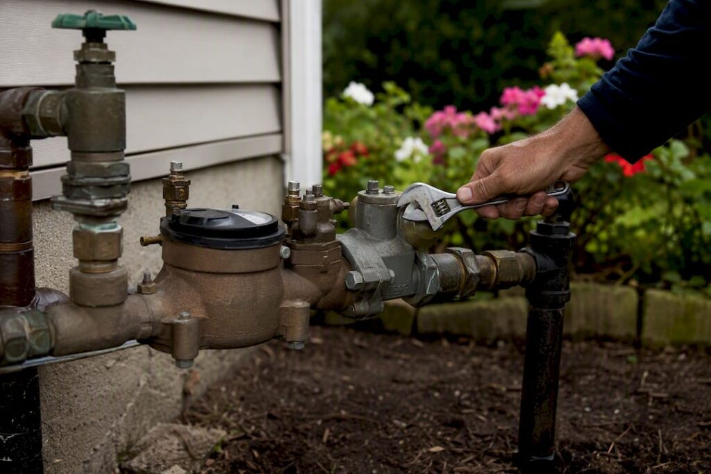 Backflow containment device at water meter