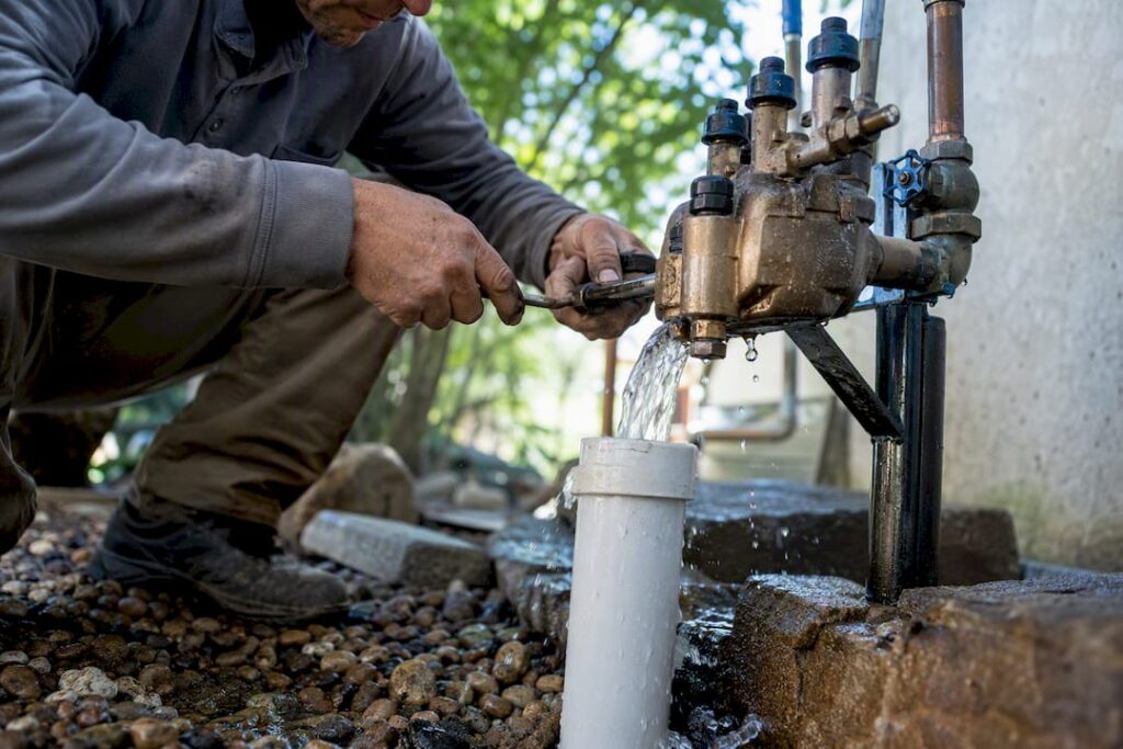 Plumber adjusting RPZ relief valve discharging water