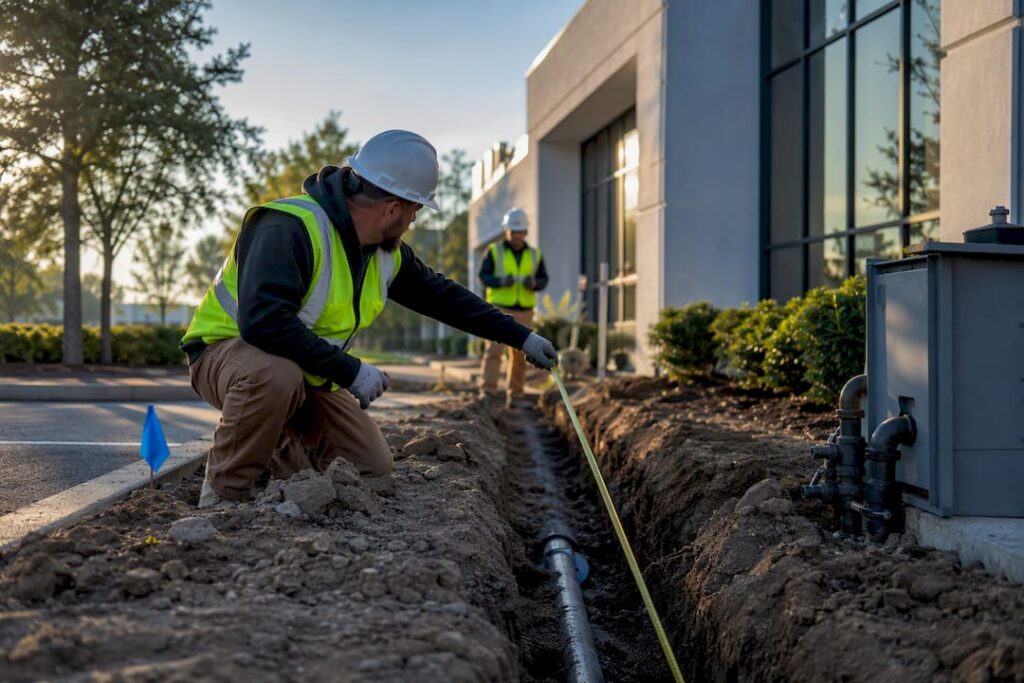 Crew surveying a backflow relocation route