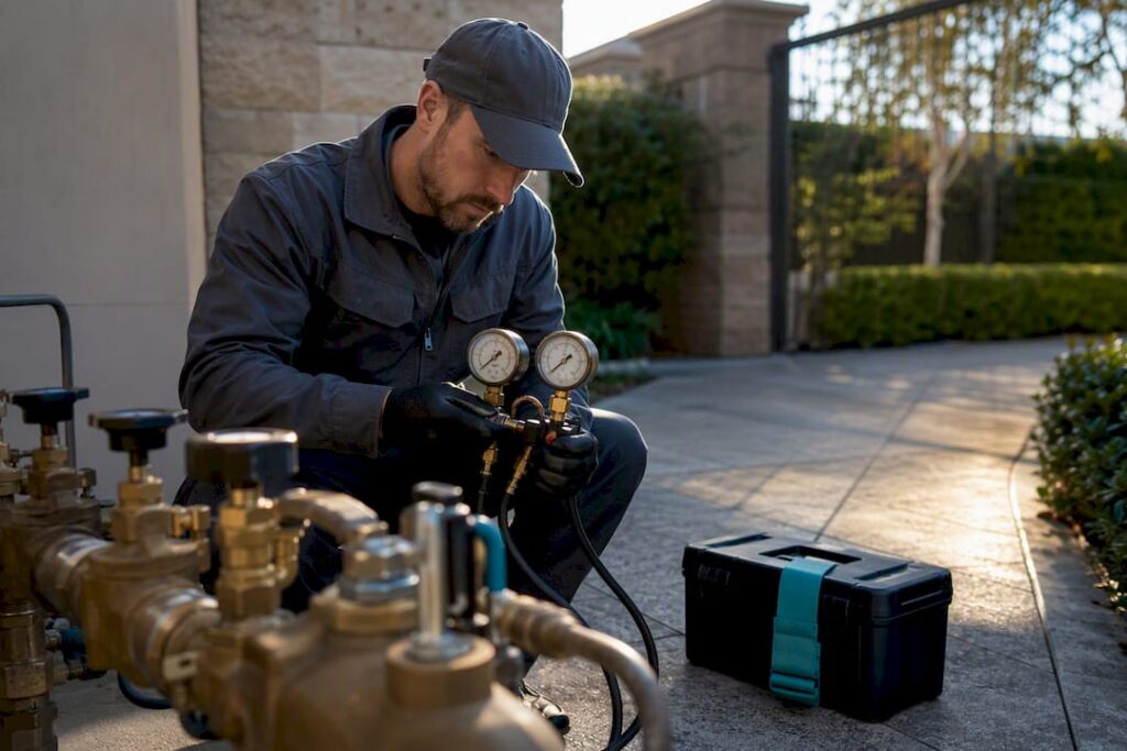 Technician testing HOA backflow assembly