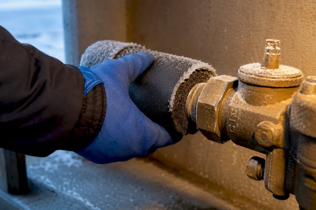 Technician checking a frost-protected backflow assembly