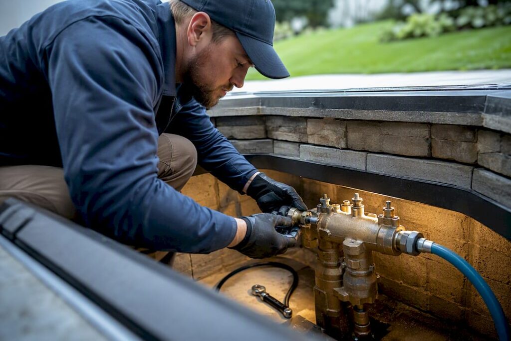 Technician repairing backflow preventer in vault