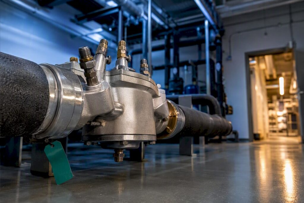 RPZ backflow preventer in supermarket mechanical room