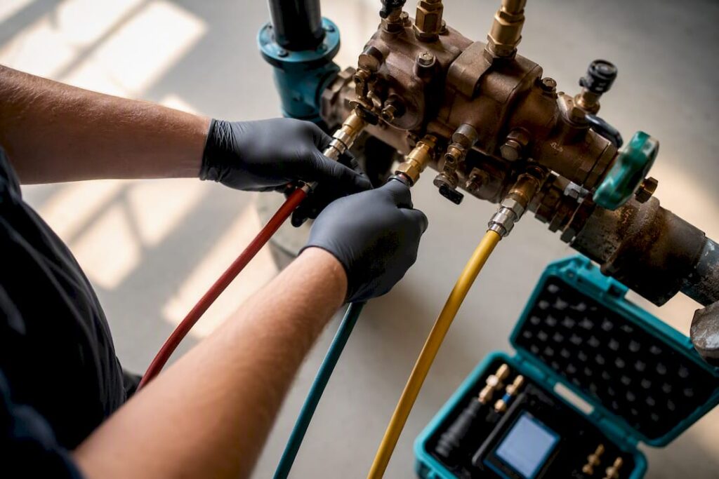 Technician connecting hoses for backflow retest