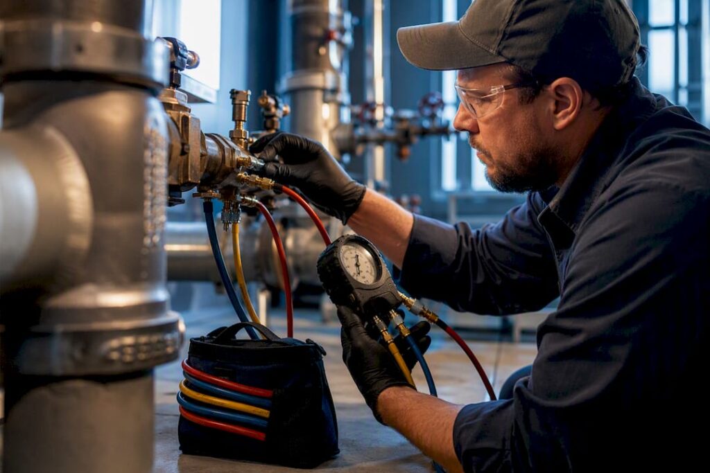 Technician testing school backflow assembly