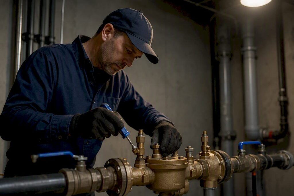 Tester inspecting condo backflow assembly