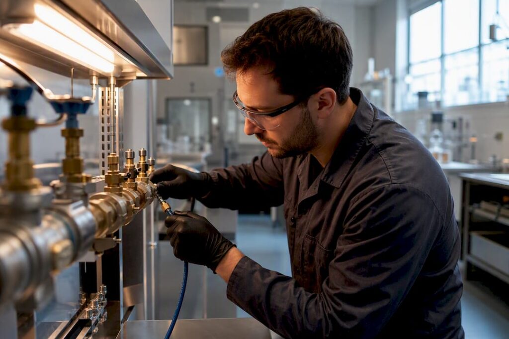 Tester examining laboratory water connection assembly