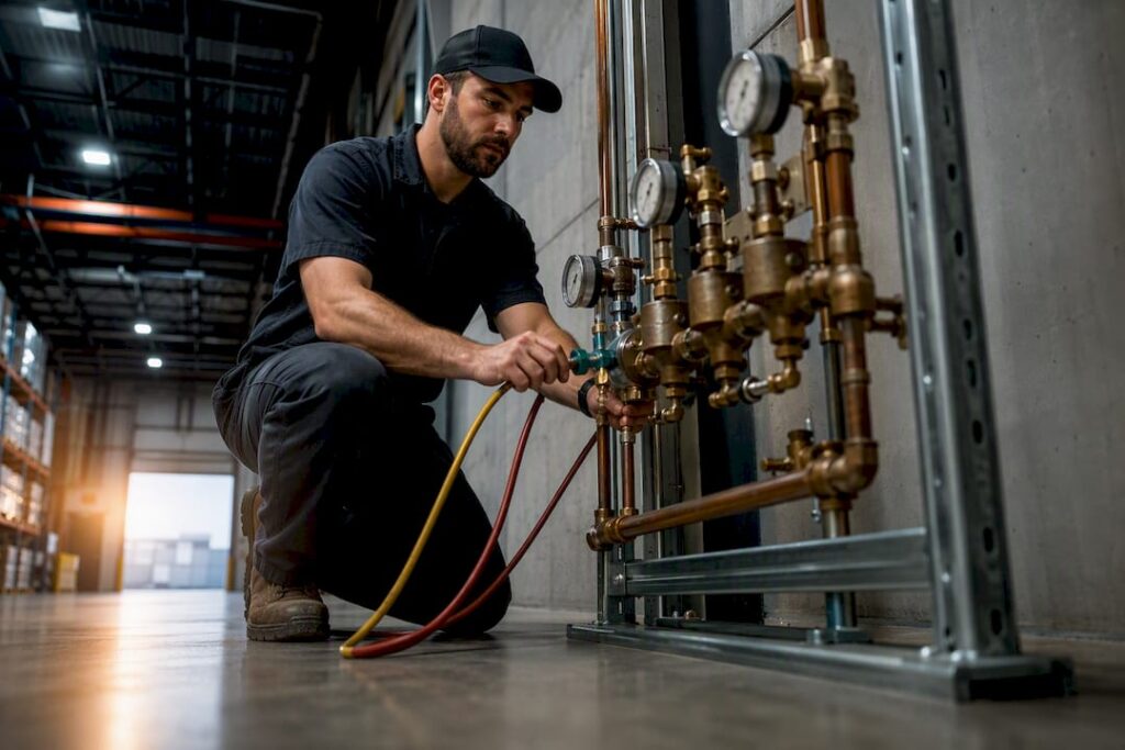 Technician testing warehouse backflow assembly
