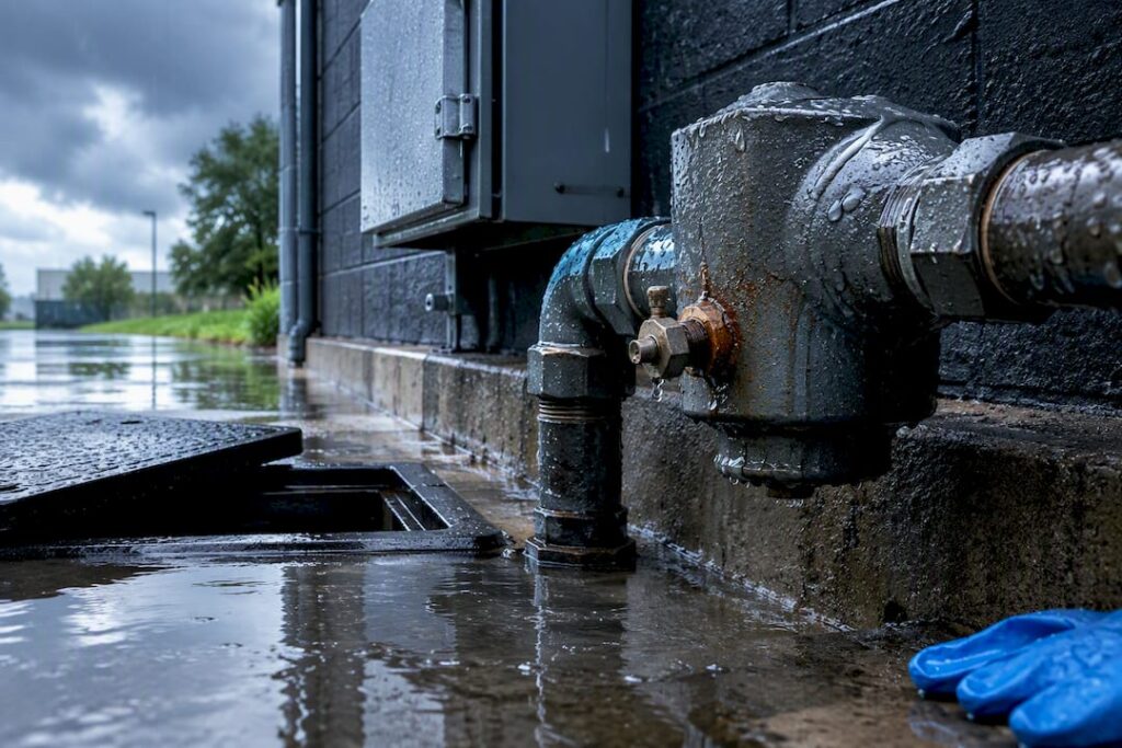 Storm-damaged backflow piping beside building