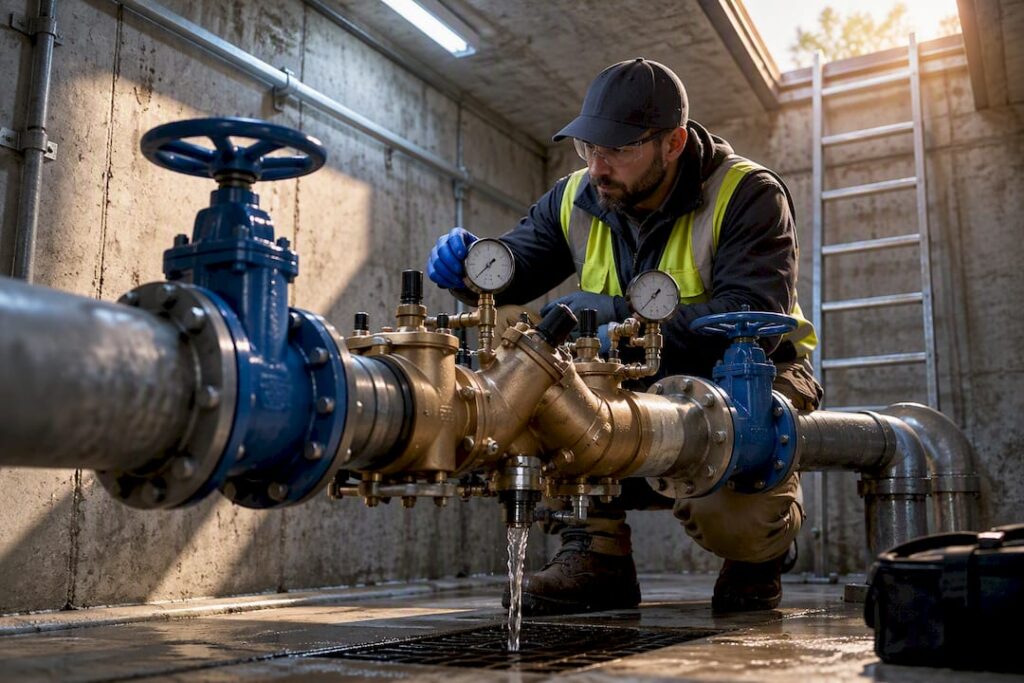 Backflow prevention assembly in municipal water vault