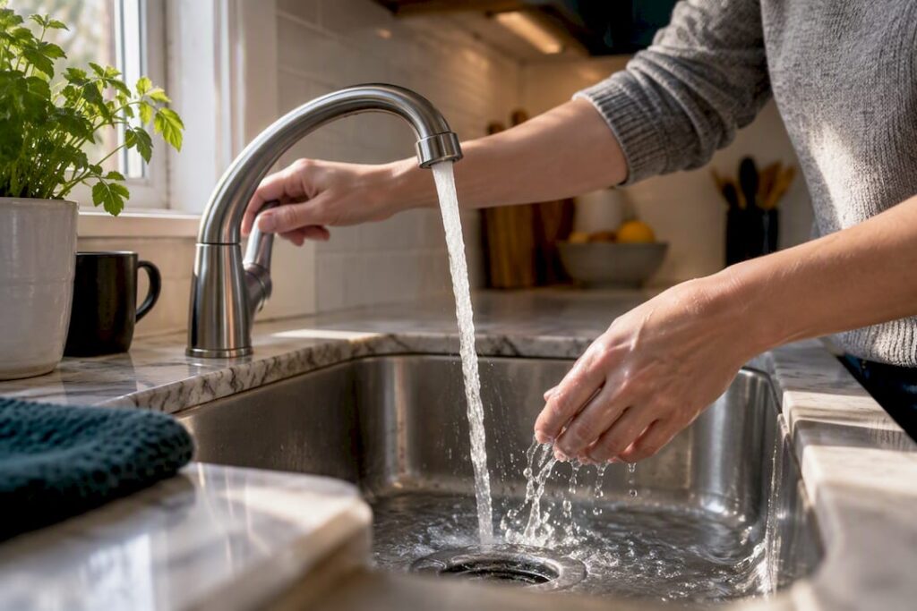 Homeowner flushing kitchen faucet after advisory